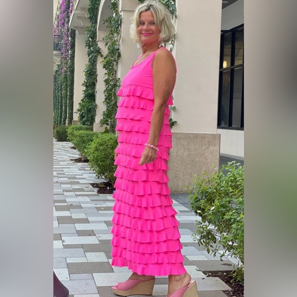 LuLu B Vibrant Pink Ruffle Tiered Maxi Dress Size 1X - Picture 2 of 16